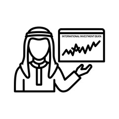 Arab man presenting international investment data on a chart.