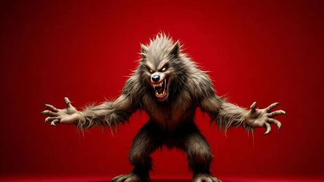 赤い背景の前で牙をむき、両手を広げて威嚇する恐ろしい狼男.