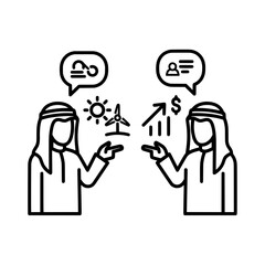 Two Arab men discussing renewable energy and financial growth.