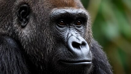 Gorilla gazes with a thoughtful expression in a vibrant green setting. Natural background highlights wildlife in its habitat. Concept of animal behavior, wildlife preservation, nature studies