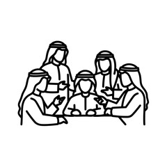 Group of Arab men in traditional attire discussing a topic.