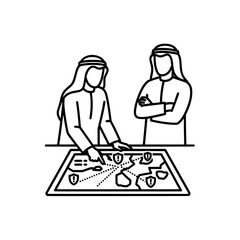 Two Arab men discussing a map with dotted lines and warning signs.