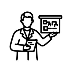 Person presenting a diagram on a board holding a notepad and explaining the data.