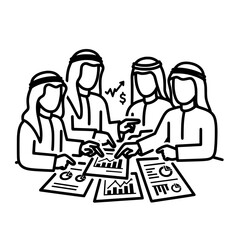 Business meeting of Arab businessmen discussing financial reports and charts.