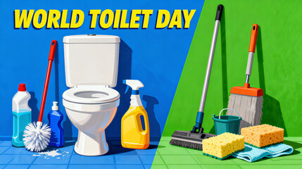 The combination of toilets and cleaning tools, emphasizing the importance of cleaning and maintaining sanitation facilities on World Toilet Day, is suitable for scenarios such as hygiene promotion.
