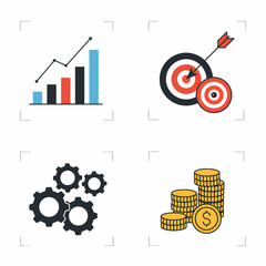 Fototapeta premium A collection of modern flat design icons symbolizing business strategy, financial growth, target achievement, and operational mechanics