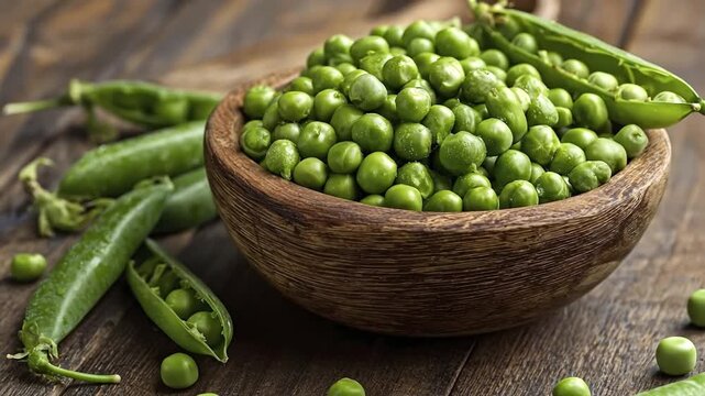 A rustic wooden bowl overflows with vibrant, freshly shelled green peas, glistening with tiny water droplets, suggesting ultimate freshness. Several bright green pea pods, some open revealing their pl
