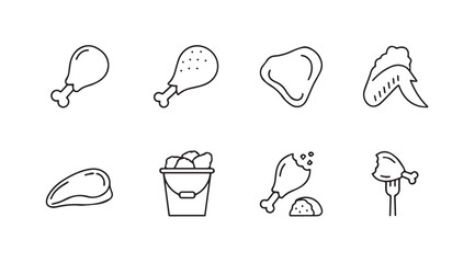 Set of hand drawn icons representing various chicken pieces and fast food vector © arif