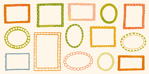 Collection of hand drawn decorative frames and borders in various shapes and colors