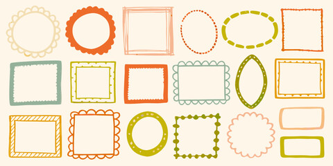 Collection of hand drawn decorative frames and borders in various shapes and colors