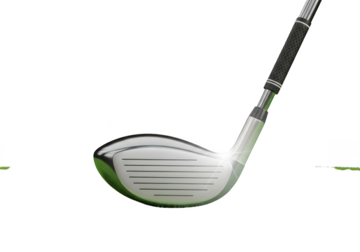 Golf club hitting ball on grass isolated on transparent background