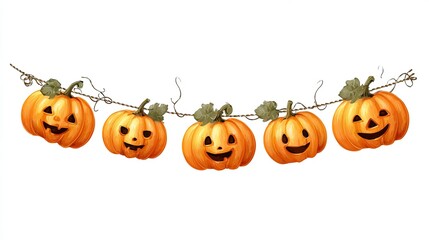 Halloween garland with smiling pumpkins isolated on transparent background, vector illustration