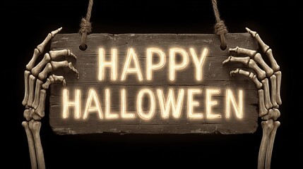 Glowing "Happy Halloween" Wooden Sign Held by Skeleton Hands, Transparent Background Clipart for Digital Projects and Holiday Graphics.