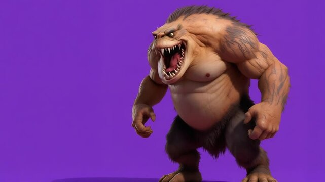 紫色の背景に立つ、牙をむき出しにして咆哮する筋肉質なモンスターの3Dイラスト.