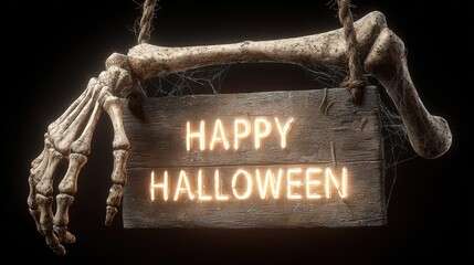 Glowing Halloween Wooden Sign Held by Skeletal Hand, Transparent Background Holiday Illustration