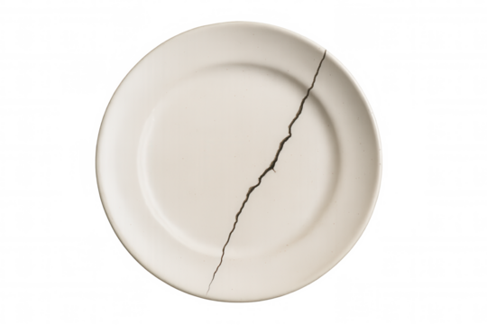 Breaking white ceramic plate showing a diagonal crack signaling damage, conflict, end of relationship, separation on transparent background