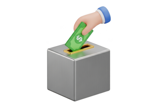 Hand placing money into a donation box isolated on transparent background