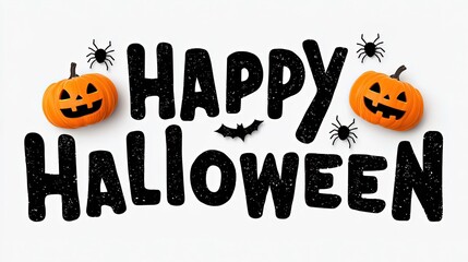 Happy Halloween Vector Banner with Hanging Pumpkins and Spiders, Flat Design on Transparent Background