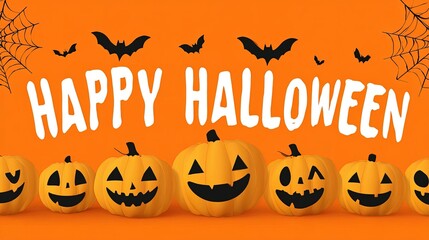 Halloween banner with pumpkins, bats, spider web on orange background, vector illustration