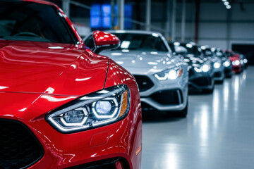 A row of modern cars in a showroom. The foreground features a red sports car with sleek lines and bright headlights. The background includes several other vehicles in various colors.