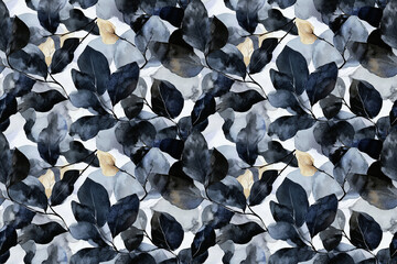 Botanical Blue Leaf Pattern: A mesmerizing seamless pattern showcases an artistic arrangement of blue and gold leaves, blending the elegance of nature with a modern touch. 