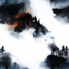 Abstract Mountain Landscape: An artistic display of mountains, sky and nature rendered in an abstract style evoking tranquility, serenity and peace. 