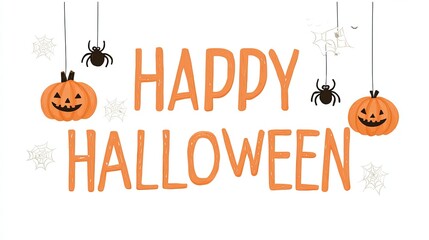 Halloween Cartoon Lettering Banner with Pumpkins and Spiders, Vector Illustration for Holiday Decorations and Greeting Cards