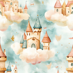 Dreamy Castle in the Clouds: A whimsical and imaginative illustration depicts a fairytale castle floating gracefully among fluffy clouds, creating a scene of fantasy and wonder.