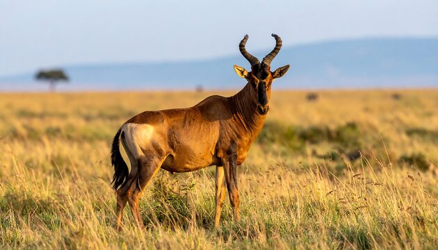 A hartebeest stands alert in golden grassland
