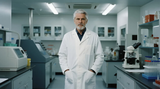 Senior scientist laboratory authority expert medical research portrait background