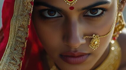 A close-up shot of a woman wearing a bright red and gold costume, suitable for theatrical performances or cultural events