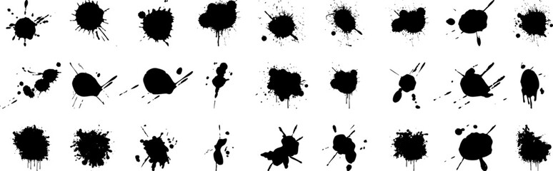 Blood splatter elements. Grunge texture set. Realistic red stains and sprays for crime or horror scenes.