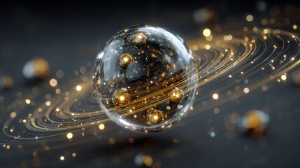 Envisioning the invisible: the future of atomic tech renderings. Ai dashboards. Elegant electron orbits: a subtle glimpse into atomic future. Glowing dashboards. Business intelligence.