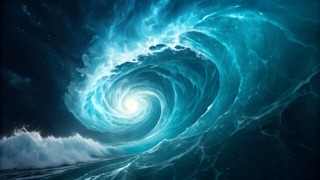 A swirling vortex of ocean water with a bright light at the center of the spiraling wave pattern