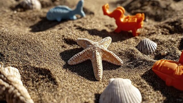 A serene, close-up view captures a beautiful starfish resting on sun-kissed golden sand, surrounded by delicate seashells and vibrant, playful toy sea creatures. The warm, inviting light creates a gen