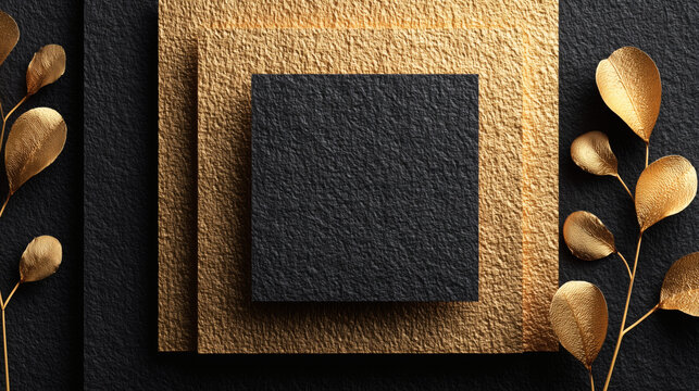 Black square card on layered gold textured paper with metallic leaves, luxury minimal background
