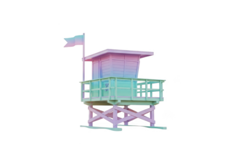 Colorful lifeguard tower with flag isolated on transparent background