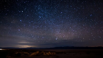 Beautiful starry night sky over a dark desert landscape at nighttime