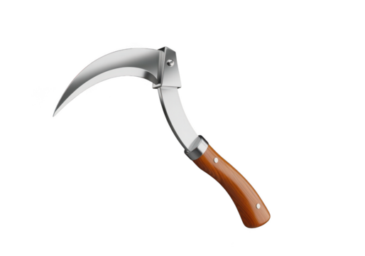 Curved sickle knife with wooden handle isolated on transparent background