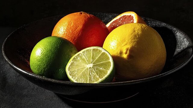 A striking studio still life captures a medley of vibrant citrus fruits artistically arranged in a rustic dark bowl. The composition features a whole orange, a bright yellow lemon, a verdant green lim