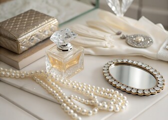 Elegant vanity items with pearls and perfume bottle