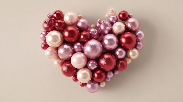 Luxury premium multicolored sphere love heart design element. Pink, red metallic, and glass spheres arranged in a heart shape on pink background.