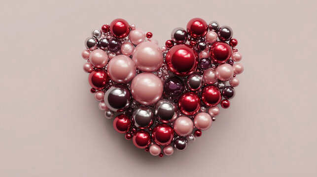 Luxury premium multicolored sphere love heart design element. Pink, red metallic, and glass spheres arranged in a heart shape on pink background.