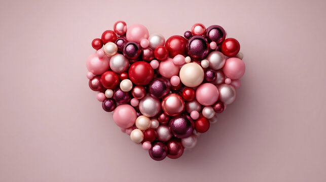 Luxury premium multicolored sphere love heart design element. Pink, red metallic, and glass spheres arranged in a heart shape on pink background. - Powered by Adobe