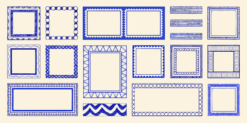 Collection of hand drawn blue decorative borders and frames on a cream background