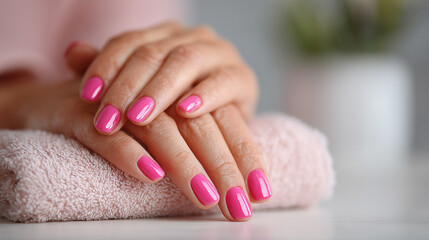 Realistic Beauty Salon Scene with Client Receiving Manicure at Professional Nail Station – Close-Up of Hands on Table, Nail Artist Applying Polish, Clean Minimal Background, Wide Composition with Copy