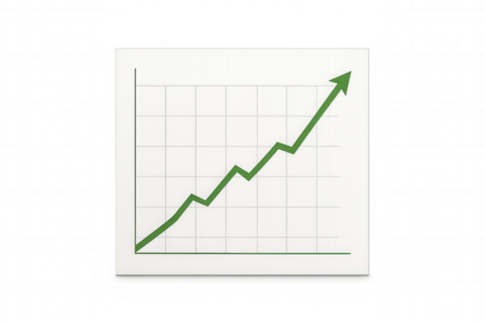 Green line graph on white sheet displaying growth, increasing profit, rising income, and financial success with transparent background