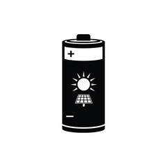 Solar battery icon, renewable energy storage, sun and panel symbol, positive and negative terminals