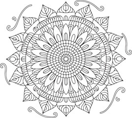 Detailed Mandala Flower with Leaves – Nature Line Art Design