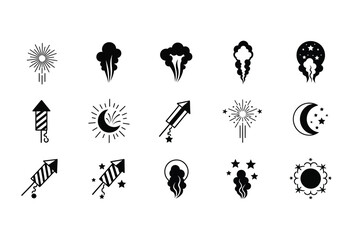Vector illustration of vector art of assorted black icons of fireworks, moons, and rockets
